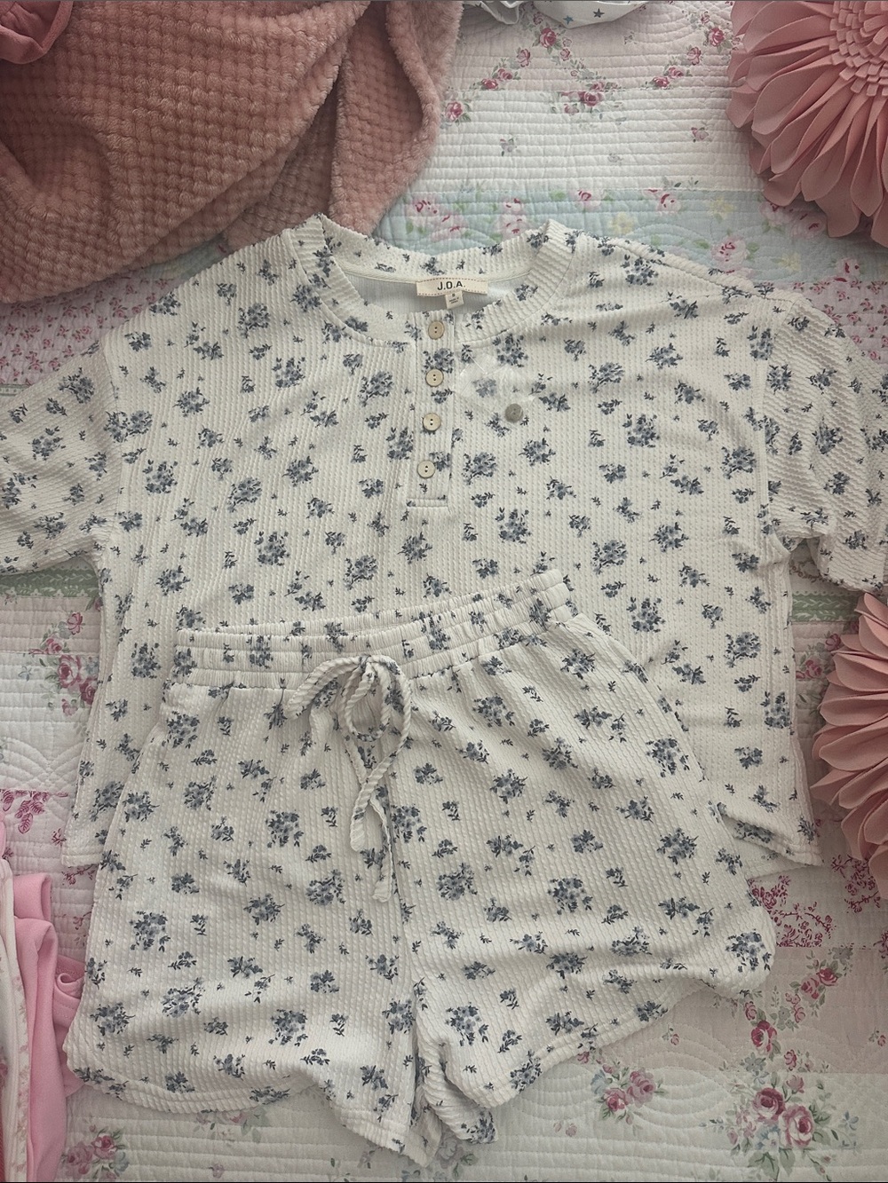 J.O.A. Cream Waffle Knit Henley Top & Floral Shorts Set
